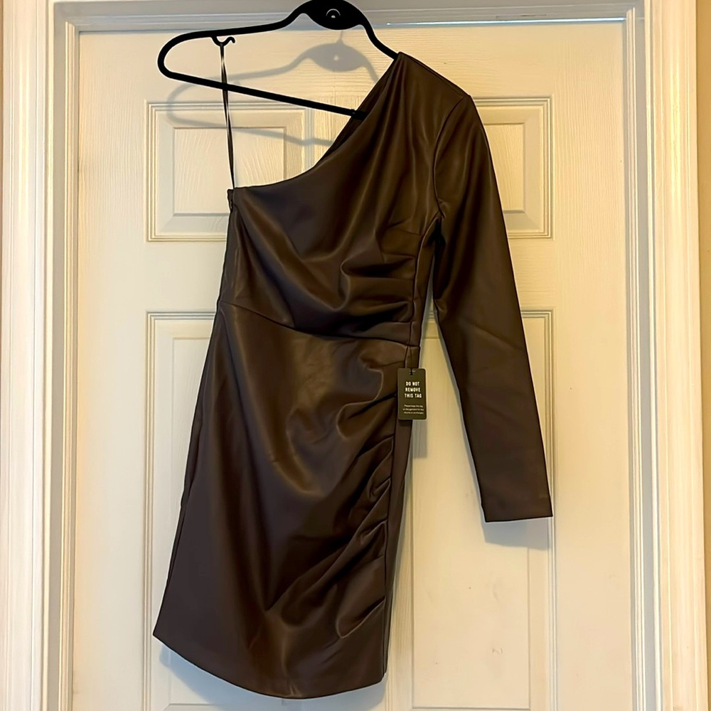 Express Cocoa Brown Faux Leather one sleeve mini dress XS